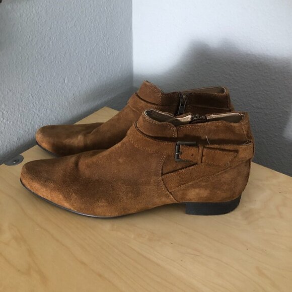  Suede Buckle Ankle Zip Booties Men\'s size 9 Tan Brown Pointed Toe Moto main image 4
